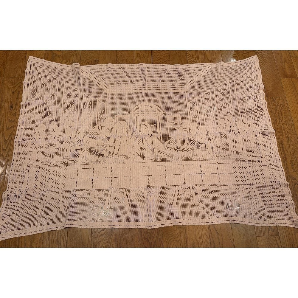 Vintage Filet Crochet Last Supper Wall Hanging Table Runner Pink Religious Jesus